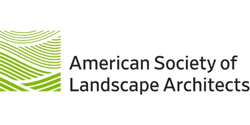 This image shows the logo of the American Society of Landscape Architects, featuring an abstract green pattern next to the organization's name in grey text.