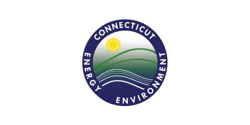 The image depicts a circular logo with stylized nature elements, featuring the text "Connecticut Energy Environment," with a sun, green hills, and blue waves.