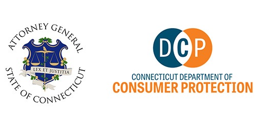 The image shows two logos side by side: the Attorney General of Connecticut's emblem and the Connecticut Department of Consumer Protection's symbol.