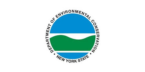 The image shows a logo, featuring a circle with a green wave design, encircled by text "Department of Environmental Conservation - New York State."