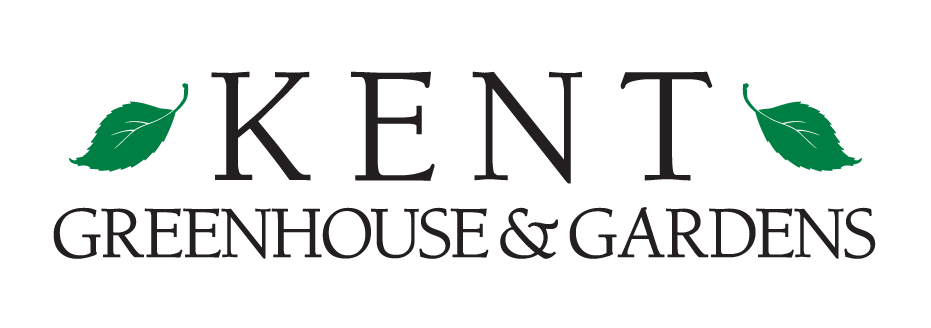 The image is a logo for "KENT Greenhouse & Gardens", featuring elegant, simple text in a serif font with two green leaves flanking the text.