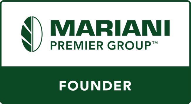 The image displays a green rectangular logo for "MARIANI PREMIER GROUP" with a leaf symbol on the left side and the word "FOUNDER" below.