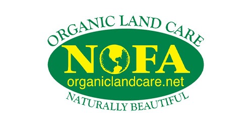 The image shows a logo for Organic Land Care by NOFA, with a green and gold color scheme, and the website "organiclandcare.net" featured below.