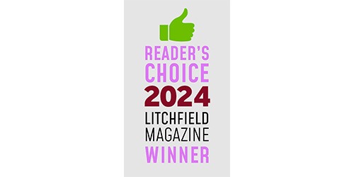 The image shows a graphic with a green thumbs-up icon, text that reads "READER'S CHOICE 2024," and "LITCHFIELD MAGAZINE WINNER" below, all on a vertical banner.