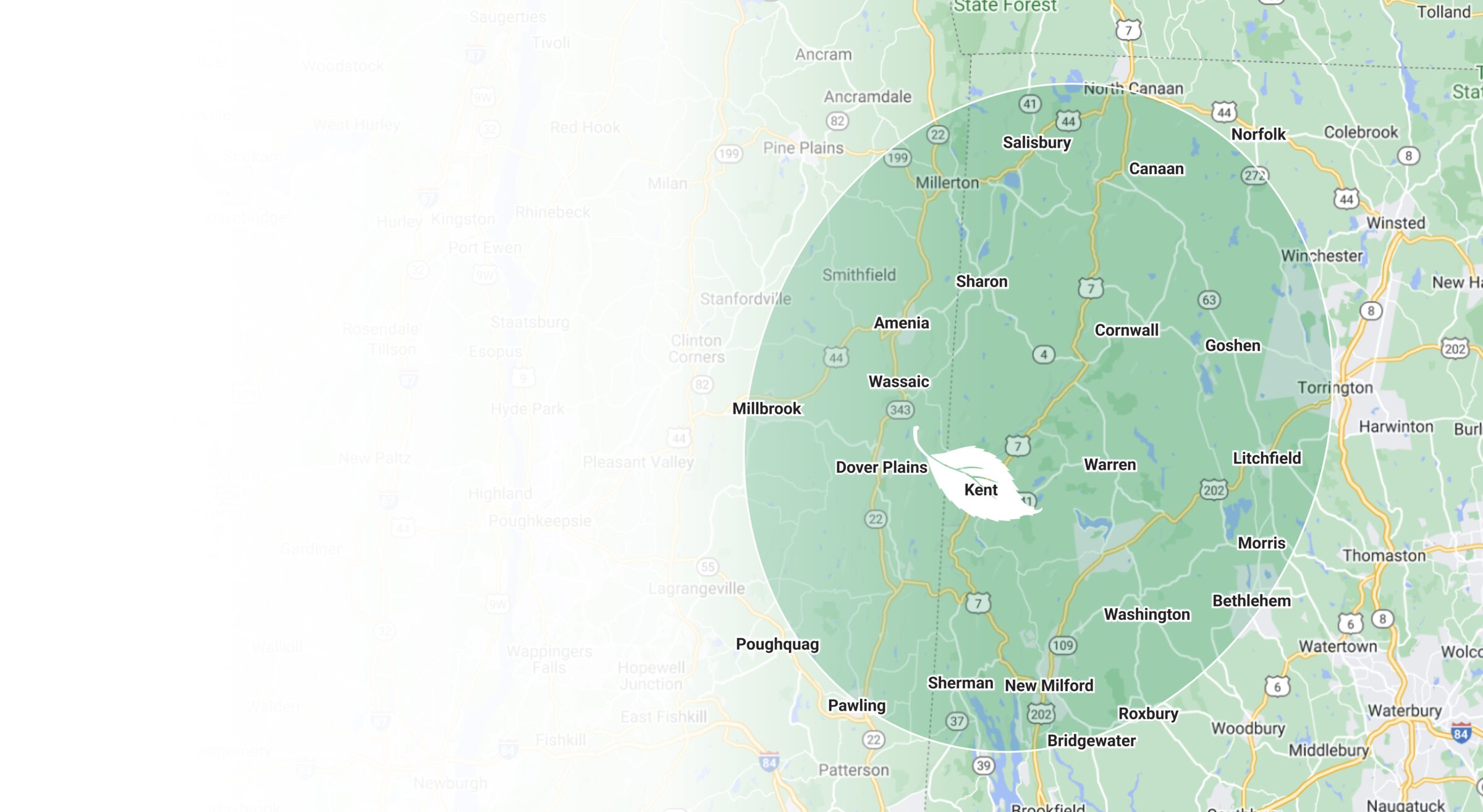 The image shows a map highlighting various areas and roads in a region with town names like Millbrook, Amenia, Cornwall, and Kent visible.